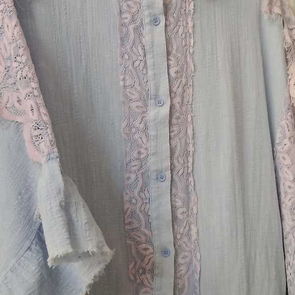 Oli & Hali Oversized Boho Top Button-Up Washed Lace Ruffle Frayed Hem Periwinkle - Picture 16 of 17